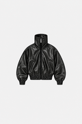 Black high-collar leather jacket, front flat lay