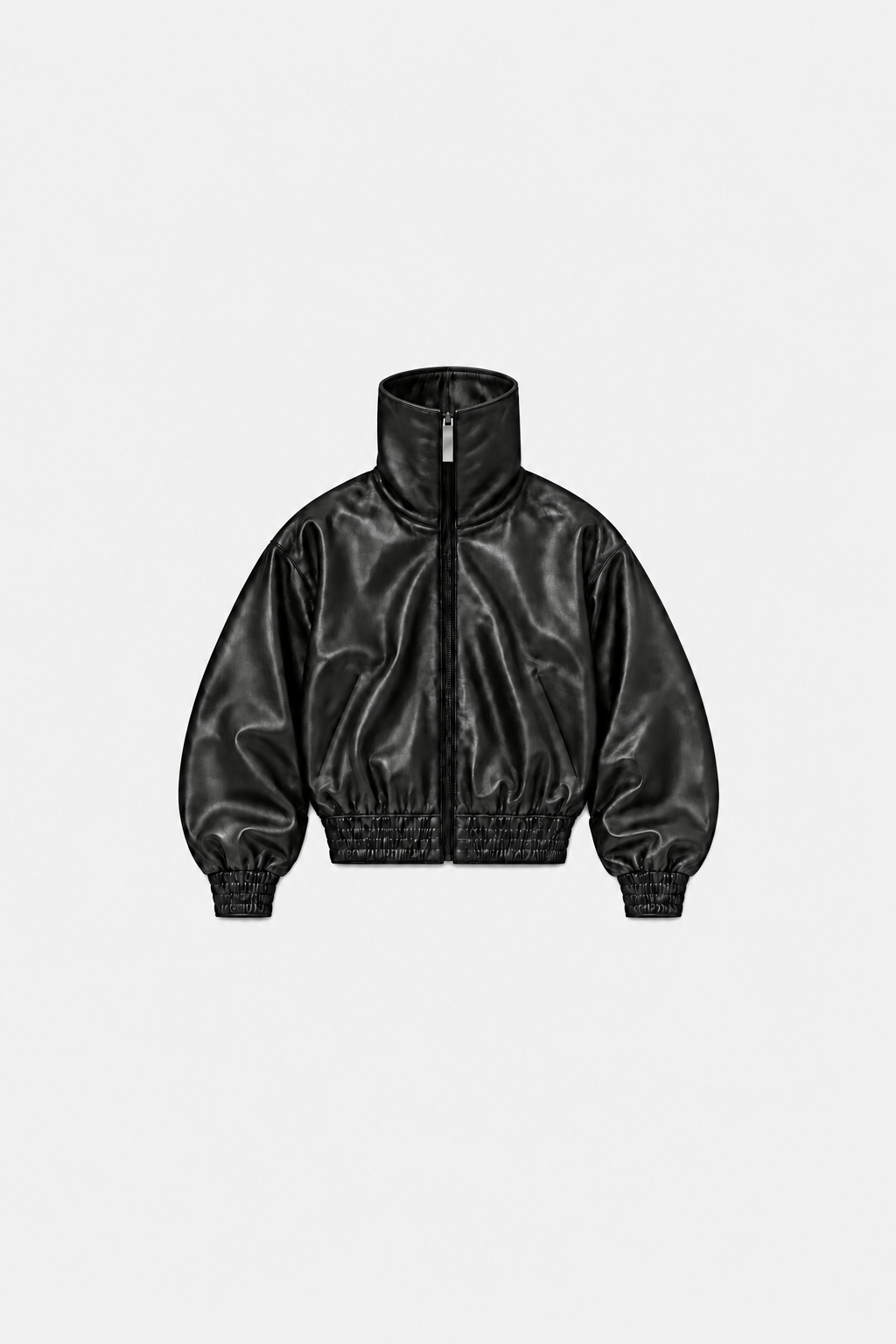 Black high-collar leather jacket, front flat lay
