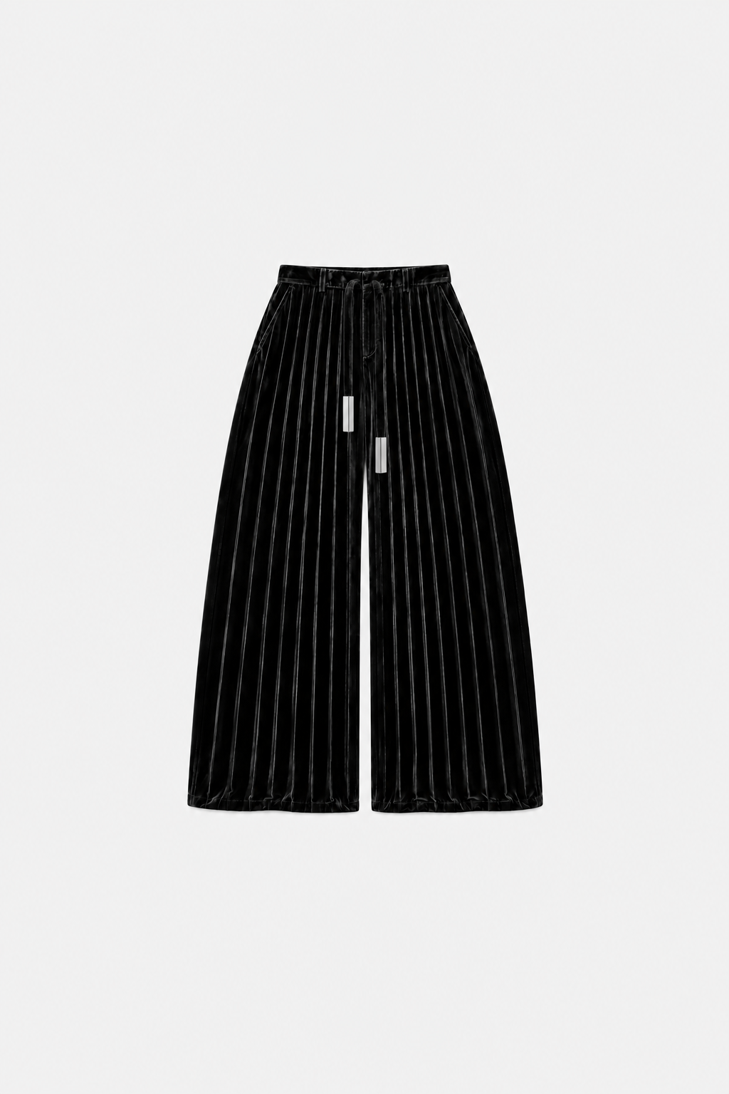 OCTAGON Folio black pleated velvet trousers with twin chrome bar ties, front flat lay