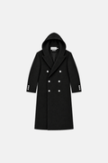 Black hooded square-button coat, overhead flat lay with smaller interior OCTAGON neck label