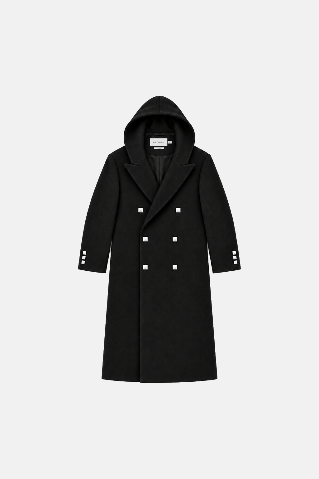 Black hooded square-button coat, overhead flat lay with smaller interior OCTAGON neck label