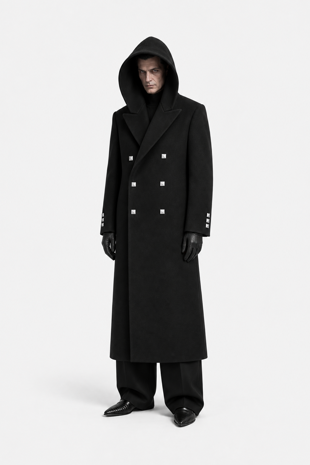 Black hooded square-button coat on a model, front view