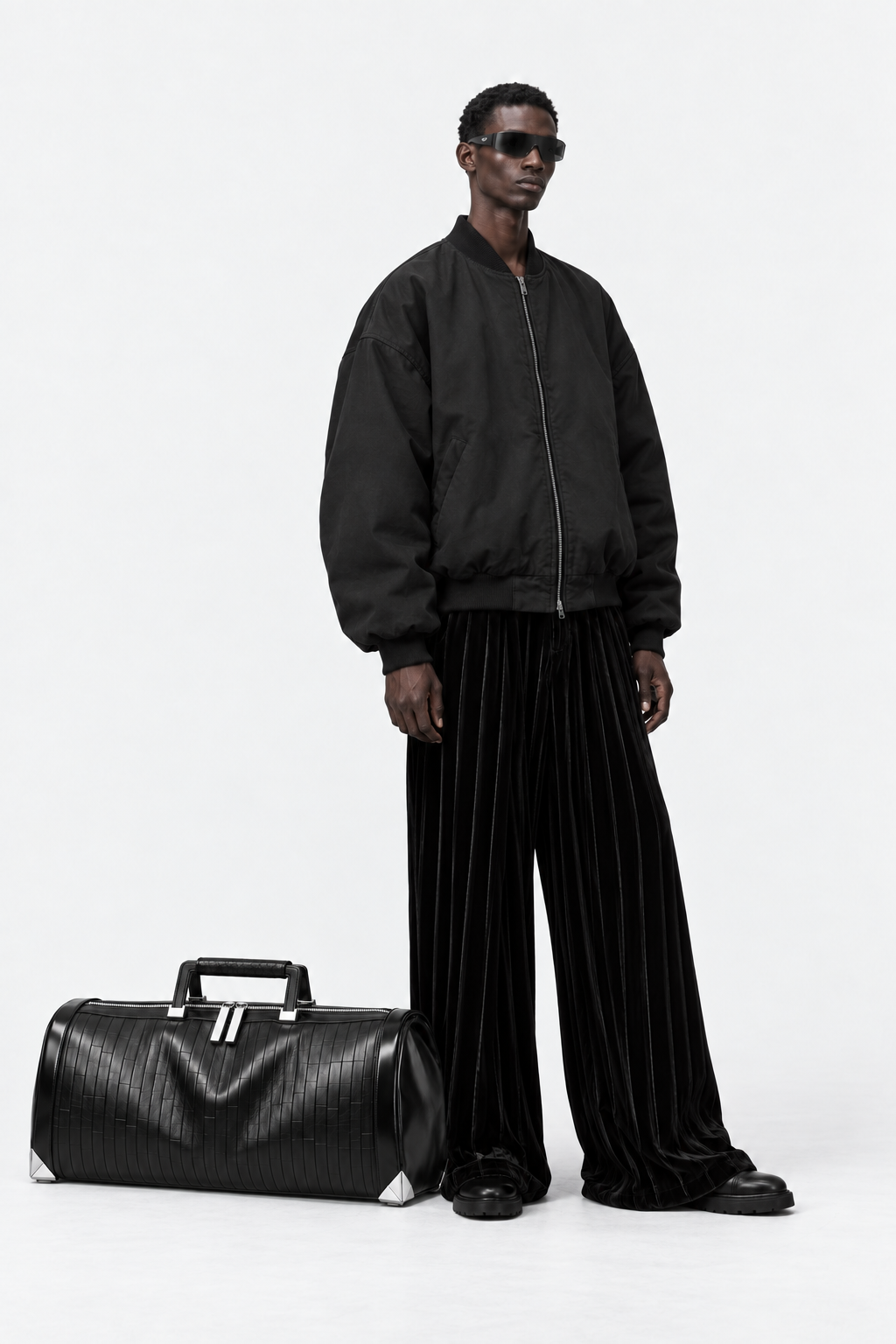 Large black Pentagon barrel duffel on the floor beside the model
