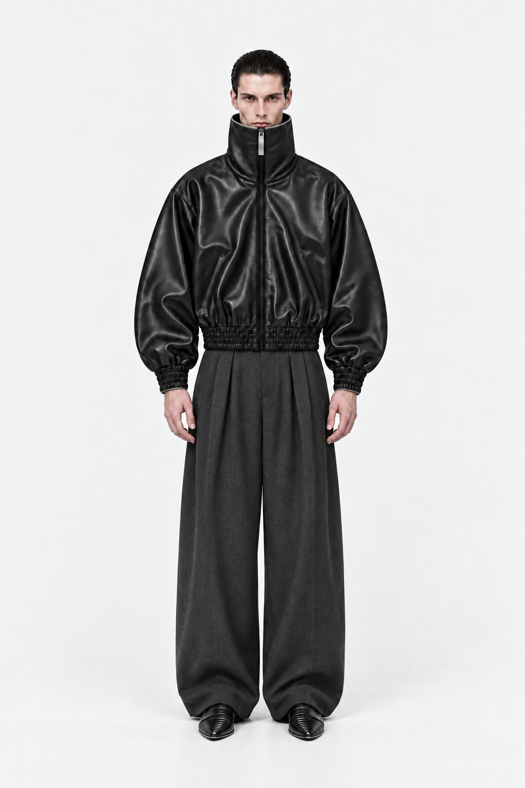 Black high-collar leather jacket, front fit with wide tailored trousers