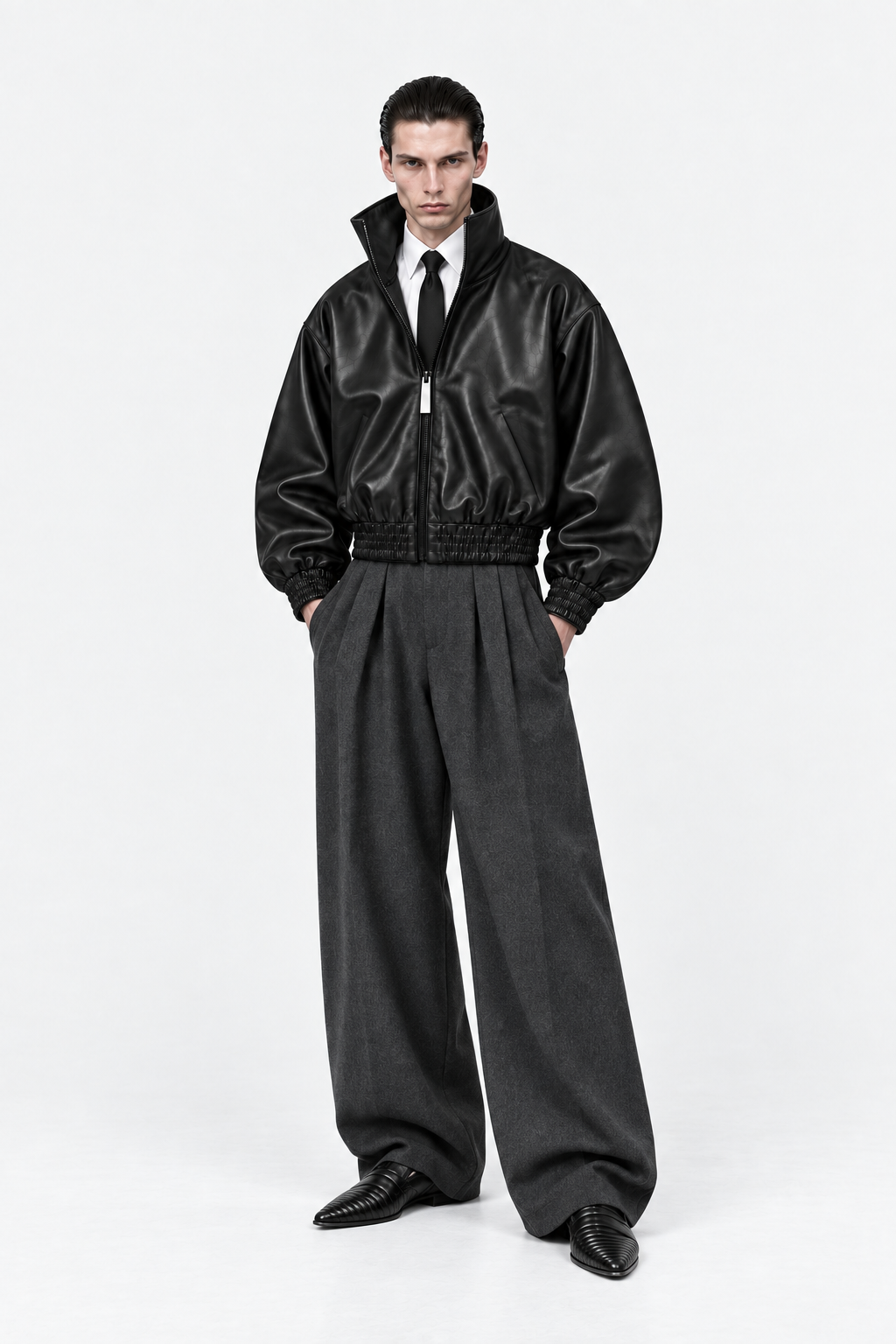 Black high-collar leather jacket partly open over white shirt and black tie