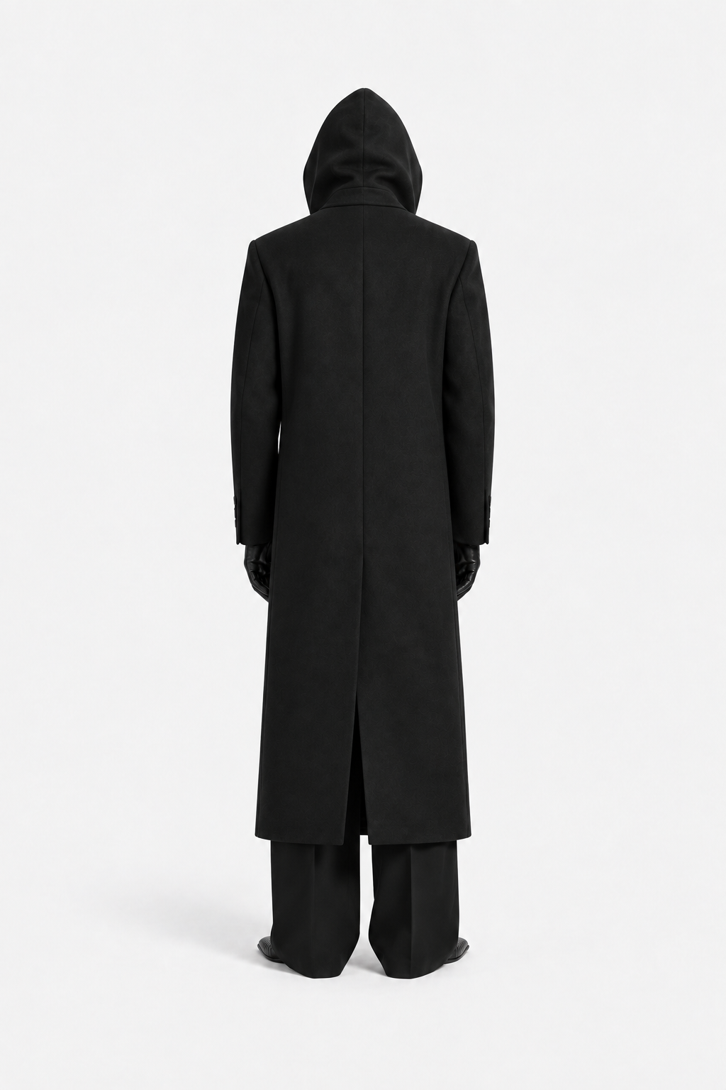 Black hooded square-button coat on a model, rear view