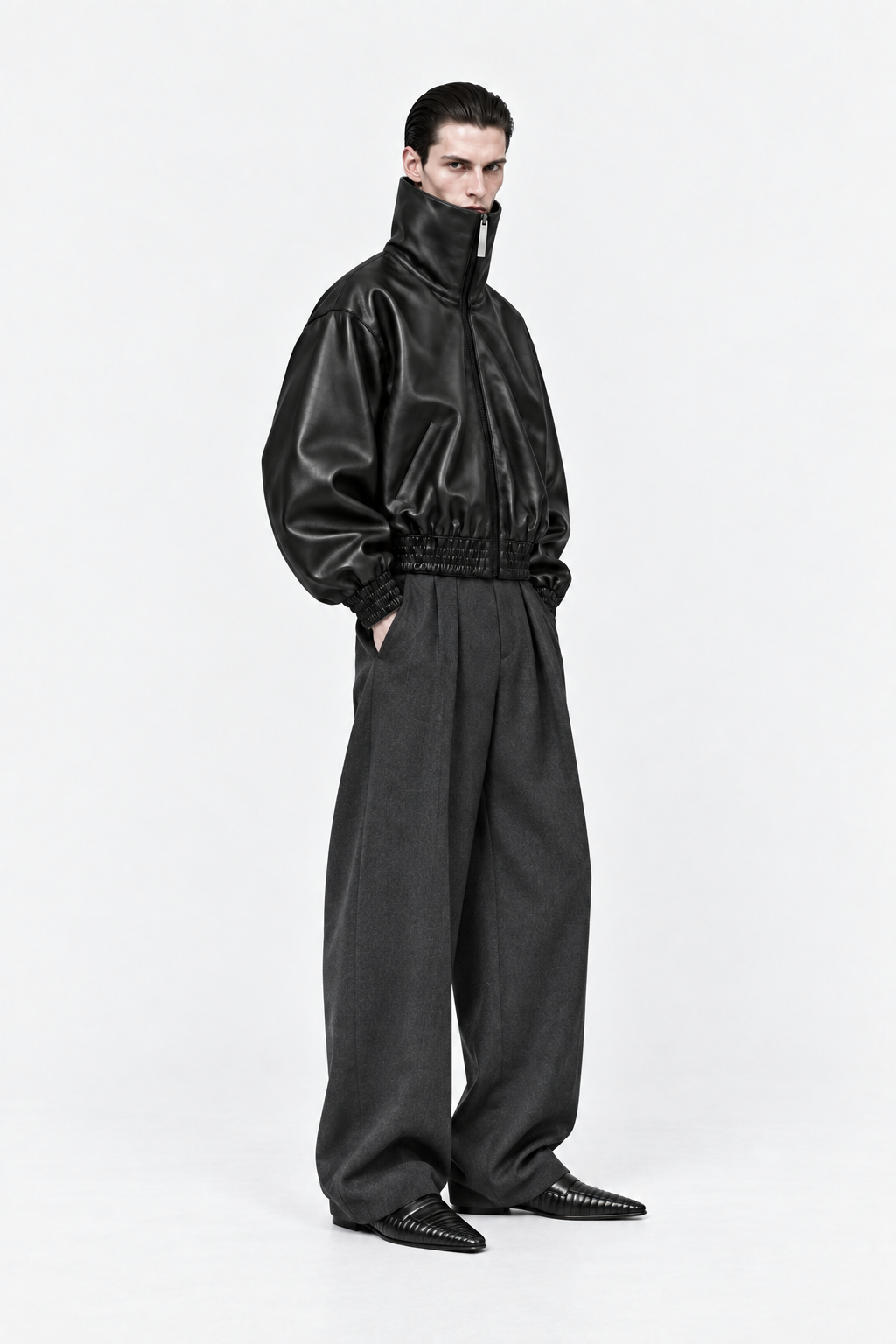 Black high-collar leather jacket, side fit
