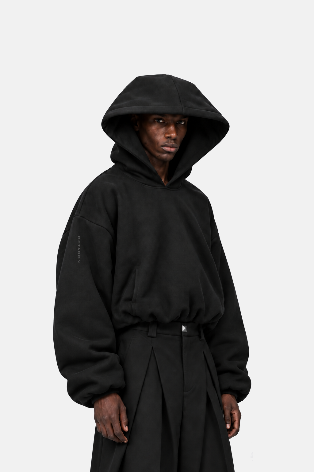 Square Hood Hoodie on model, three-quarter hood and sleeve view