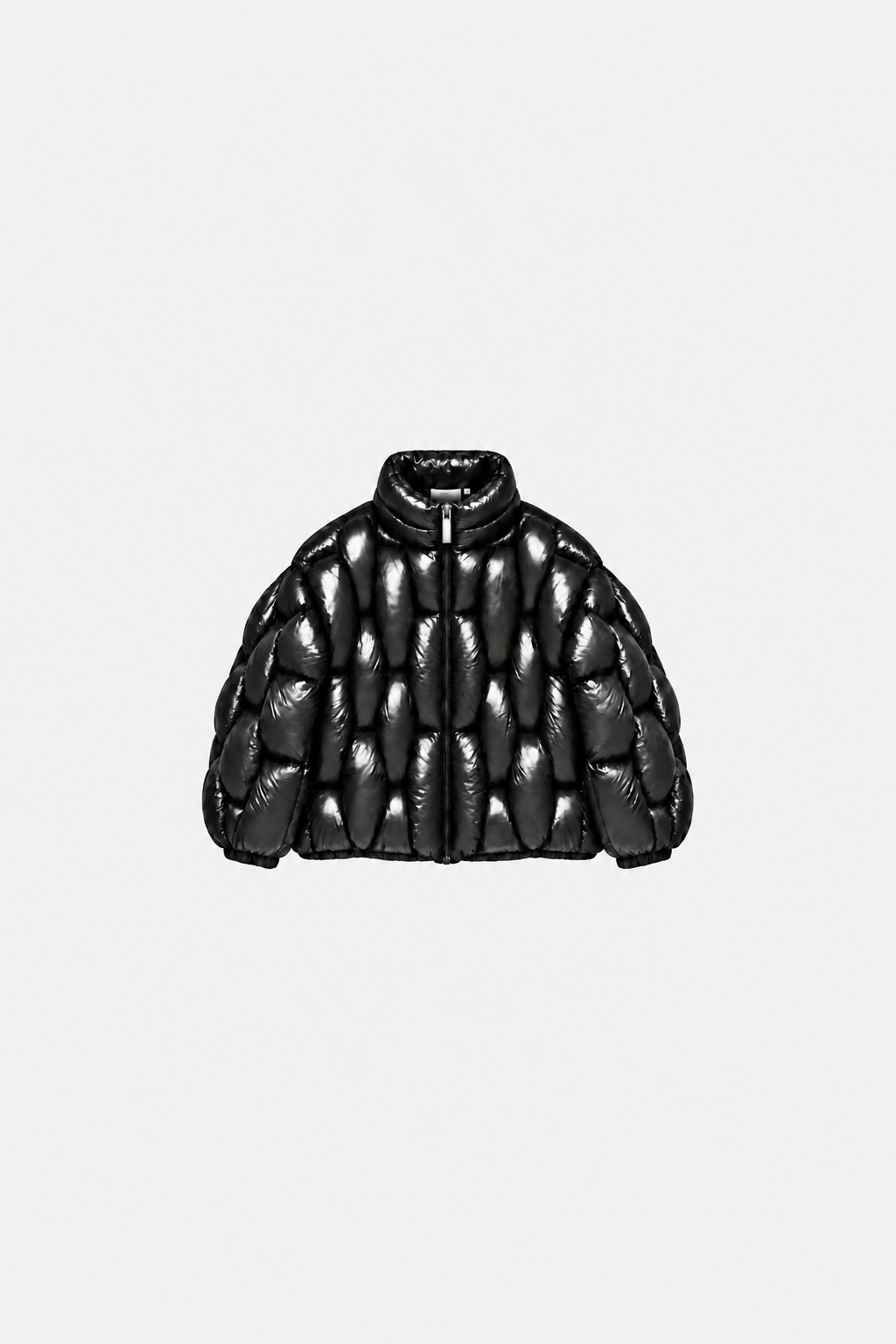 OCTAGON Pentagon high-gloss black cage puffer jacket, centered front flat lay