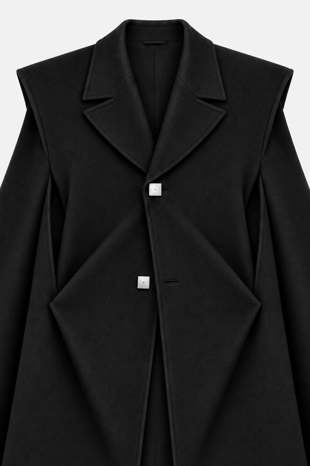 Front construction detail of the coat folded panels and two square silver buttons