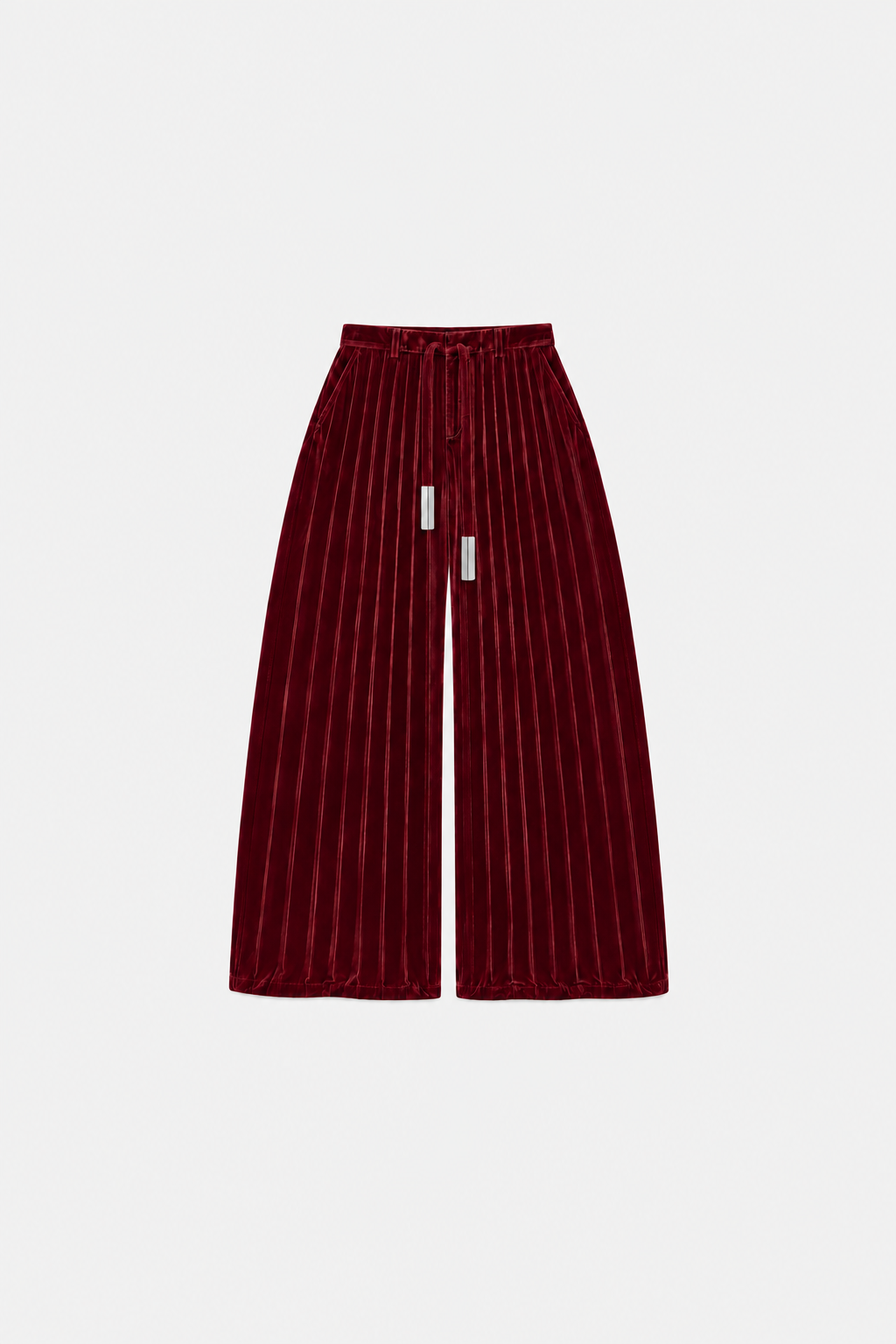 OCTAGON Folio oxblood pleated velvet trousers with twin chrome bar ties, front flat lay