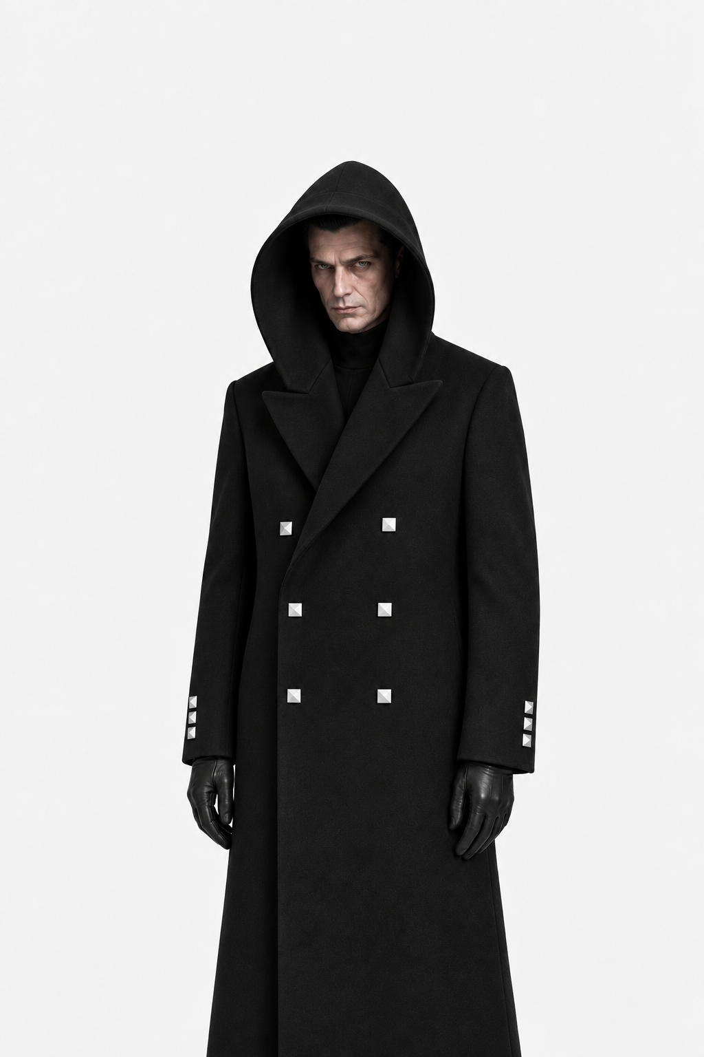 Black hooded square-button coat, hood and silver button detail