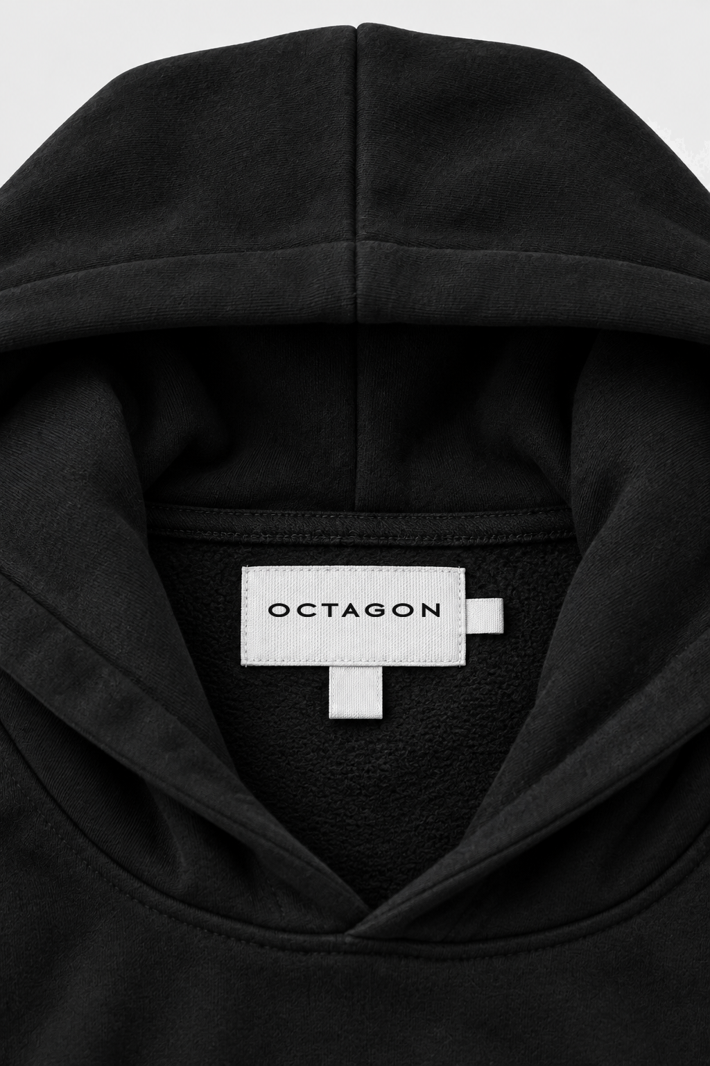 Square Hood Hoodie interior hood construction and woven Octagon neck label