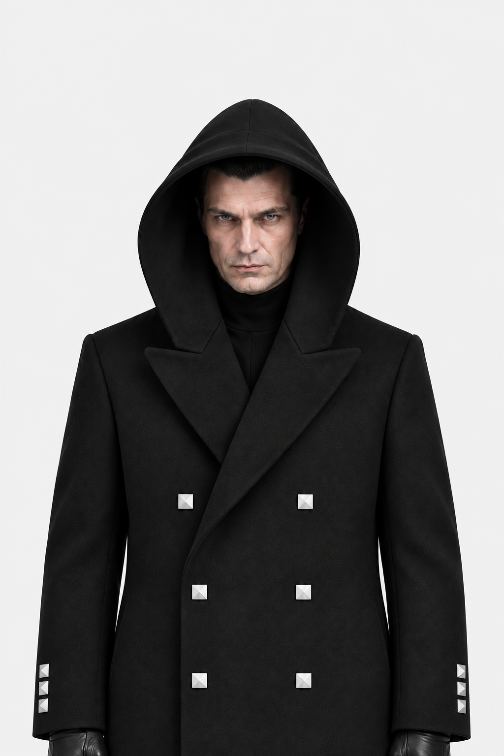 Black hooded square-button coat, straight-on close view of hood, face and all six silver square front buttons