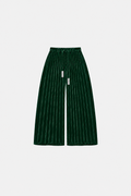 OCTAGON Folio forest-green pleated velvet trousers with twin chrome bar ties, front flat lay