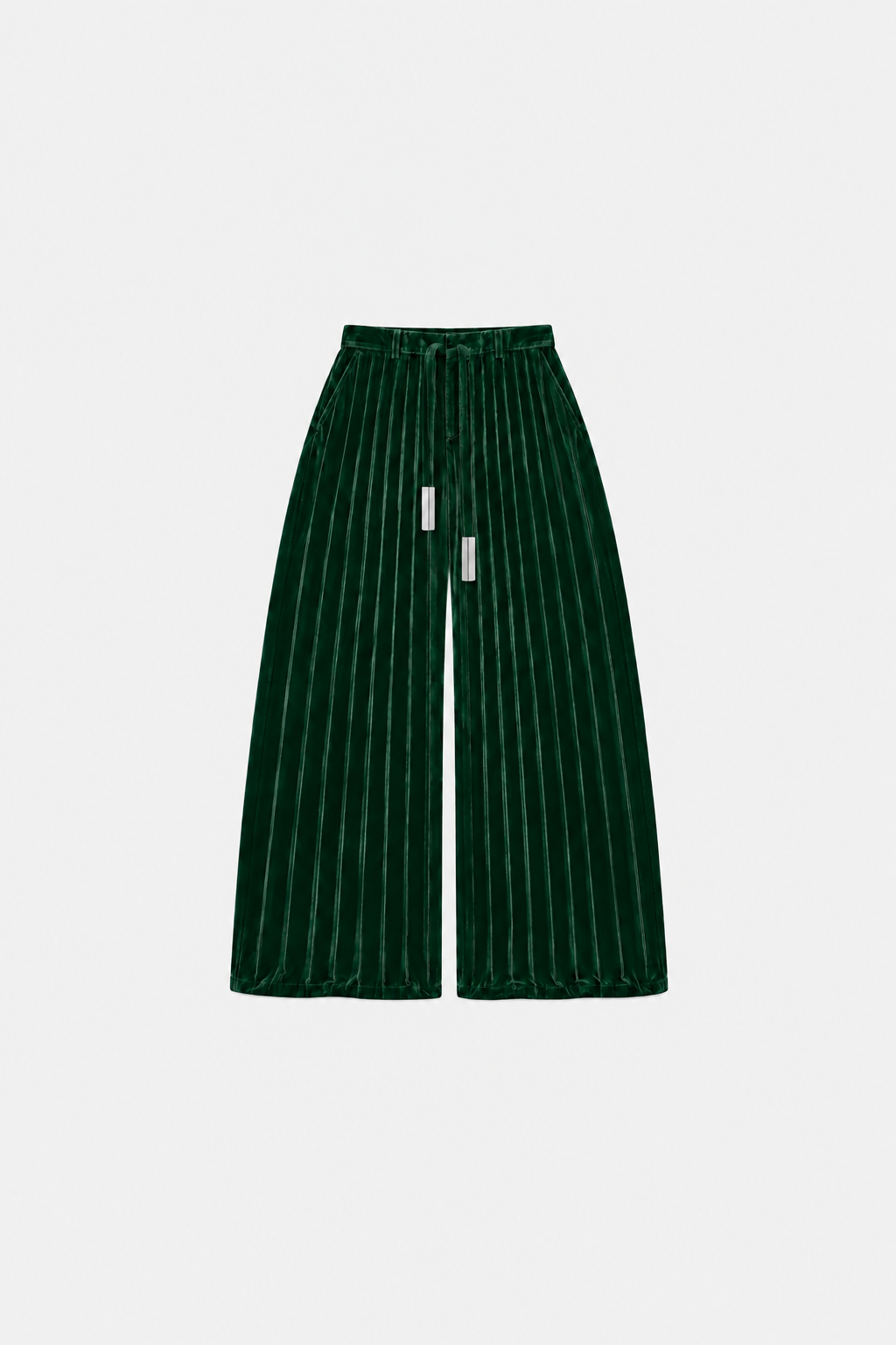 OCTAGON Folio forest-green pleated velvet trousers with twin chrome bar ties, front flat lay
