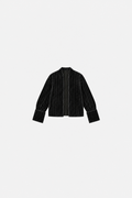 OCTAGON Folio black pleated velvet jacket, centered front flat lay