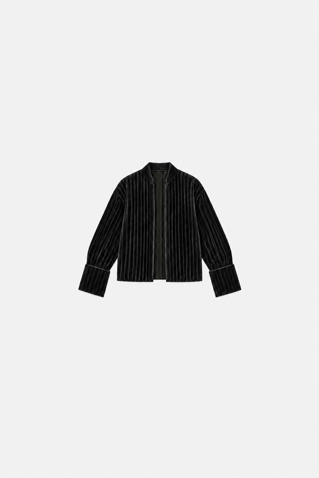 OCTAGON Folio black pleated velvet jacket, centered front flat lay