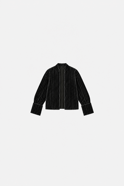 OCTAGON Folio black pleated velvet jacket, centered front flat lay