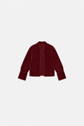 OCTAGON Folio oxblood pleated velvet jacket, centered front flat lay