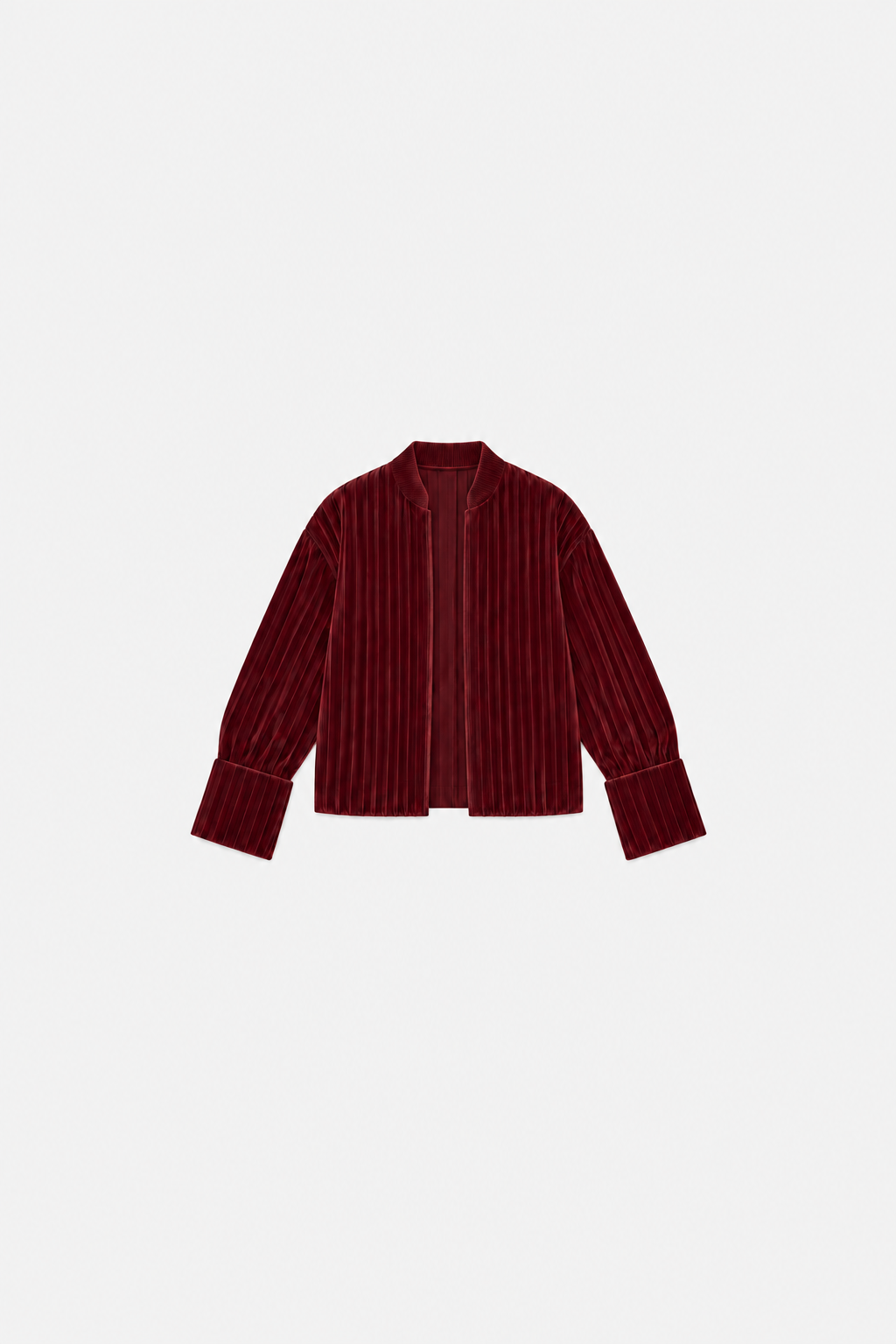 OCTAGON Folio oxblood pleated velvet jacket, centered front flat lay