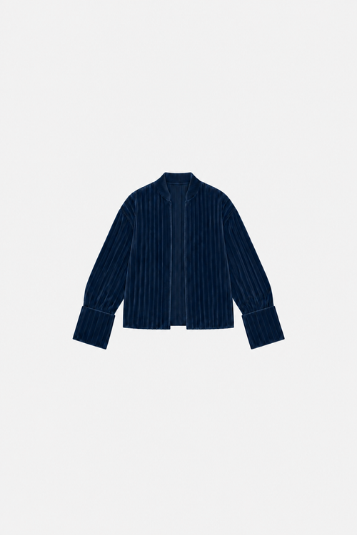 OCTAGON Folio midnight-blue pleated velvet jacket, centered front flat lay