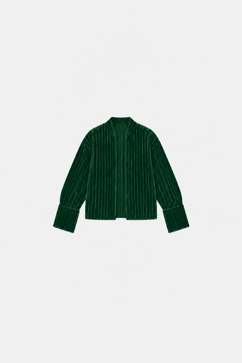 OCTAGON Folio forest-green pleated velvet jacket, centered front flat lay