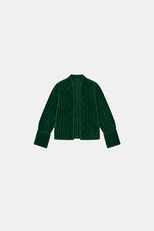 OCTAGON Folio forest-green pleated velvet jacket, centered front flat lay