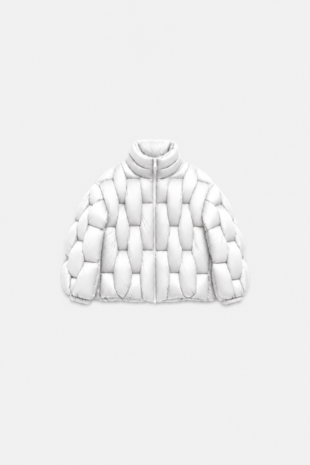 OCTAGON white Pentagon puffer with tonal white Octagon zipper, centered front flat lay