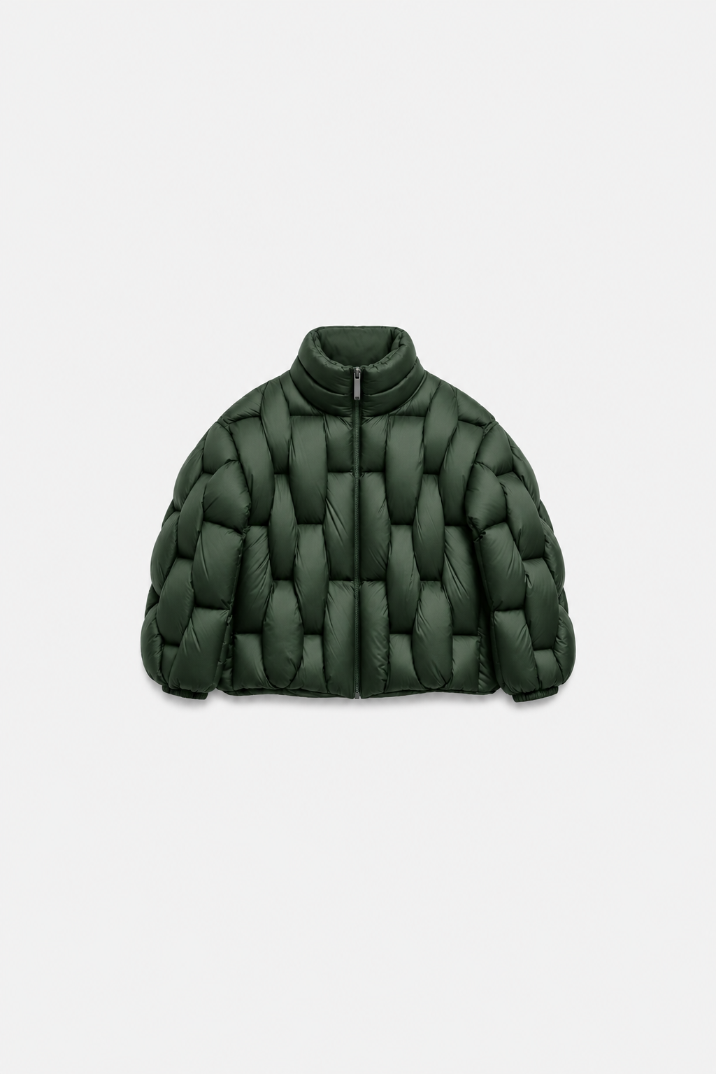 OCTAGON forest-green Pentagon puffer with Octagon zipper, centered front flat lay