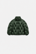 OCTAGON forest-green Pentagon puffer with Octagon zipper, centered front flat lay