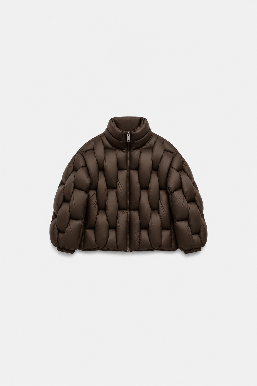 OCTAGON espresso-brown Pentagon puffer with Octagon zipper, centered front flat lay
