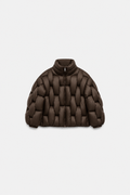 OCTAGON espresso-brown Pentagon puffer with Octagon zipper, centered front flat lay