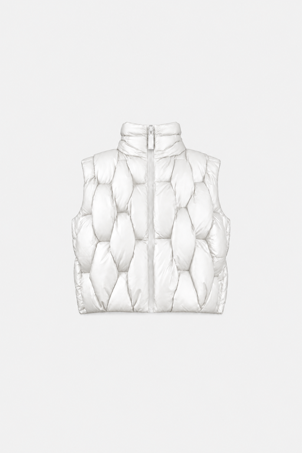 OCTAGON white Pentagon quilted puffer vest with tonal white Octagon zipper, centered front flat lay