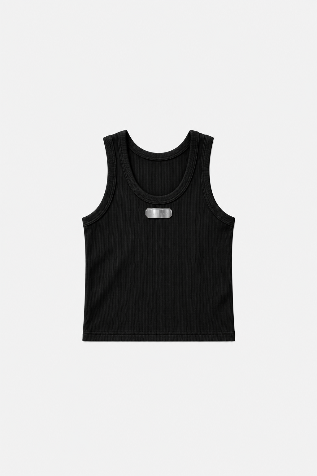 OCTAGON black heavyweight ribbed cotton tank top with canonical metal badge, centered front flat lay