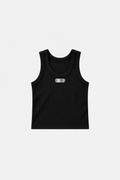 OCTAGON black heavyweight ribbed cotton tank top with canonical metal badge, centered front flat lay