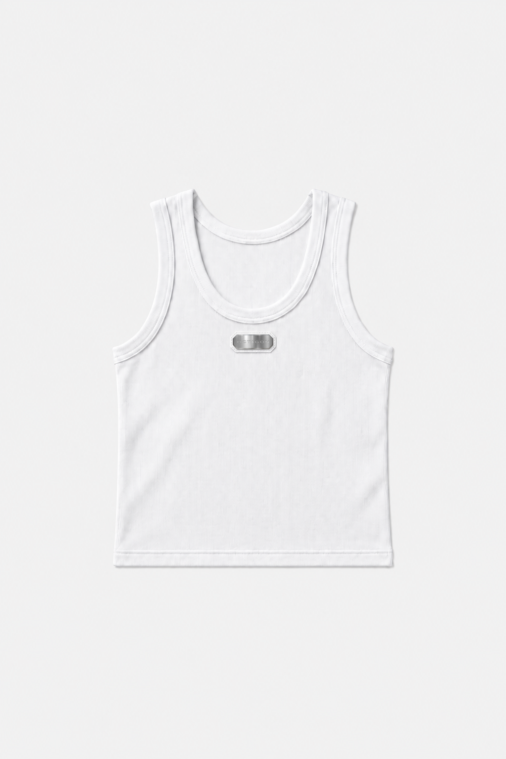 OCTAGON white heavyweight ribbed cotton tank top with canonical metal badge, centered front flat lay