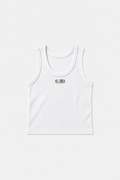 OCTAGON white heavyweight ribbed cotton tank top with canonical metal badge, centered front flat lay