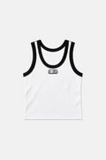 OCTAGON white and black heavyweight ribbed cotton tank top with canonical metal badge, centered front flat lay