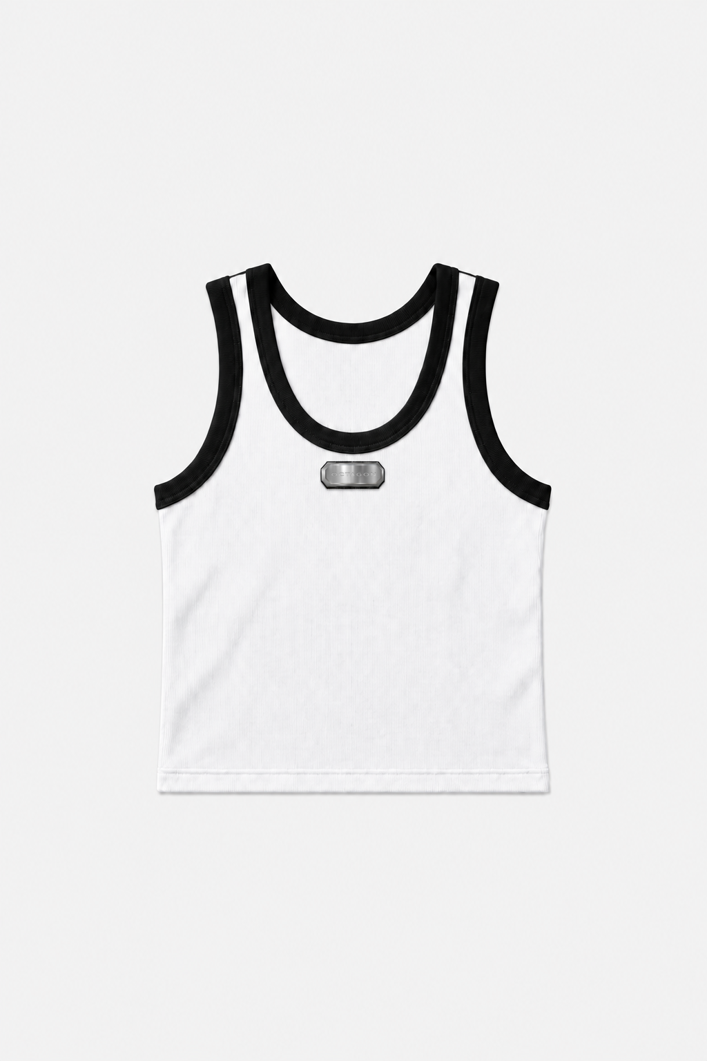 OCTAGON white and black heavyweight ribbed cotton tank top with canonical metal badge, centered front flat lay