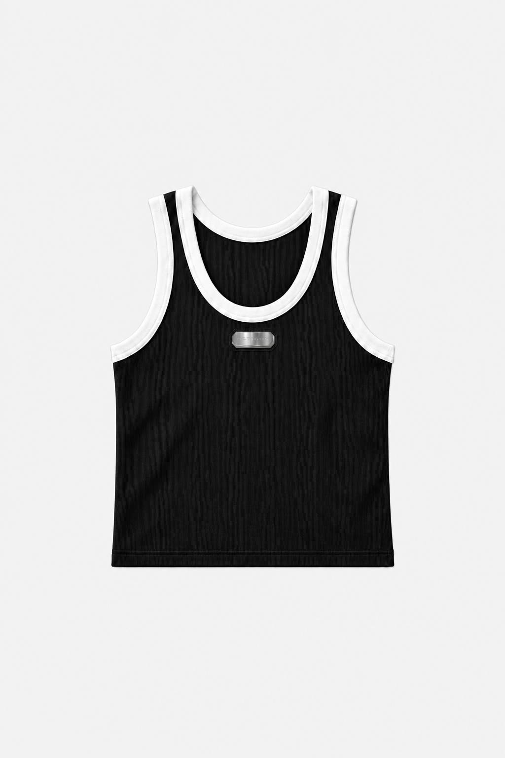 OCTAGON black and white heavyweight ribbed cotton tank top with canonical metal badge, centered front flat lay