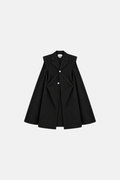 Black OCTAGON Monument cape coat, centered front flat lay with square silver buttons