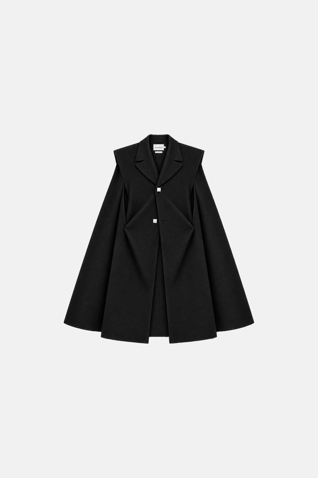 Black OCTAGON Monument cape coat, centered front flat lay with square silver buttons