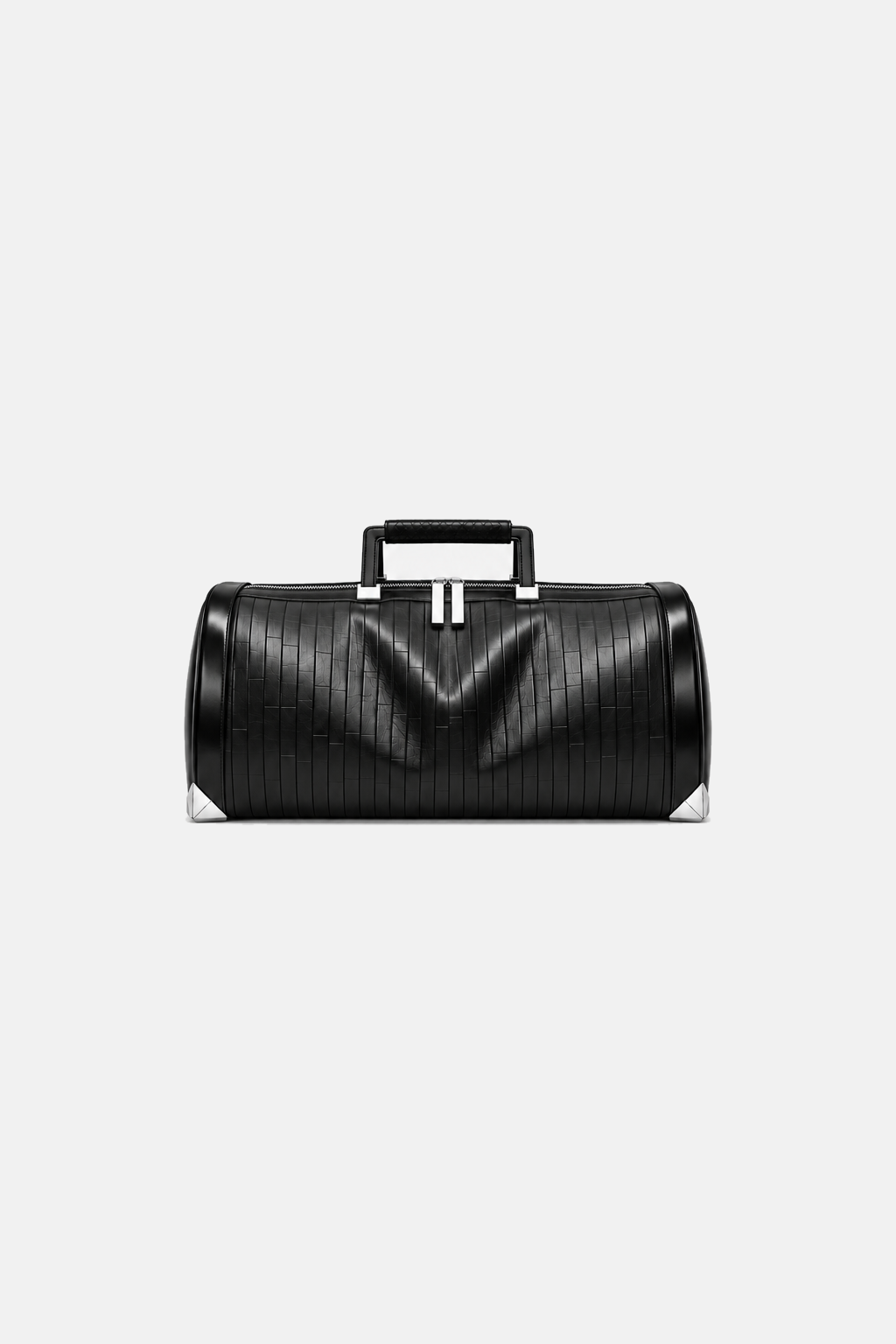 Black Pentagon barrel duffel, complete straight-on frontal view with generous clear space