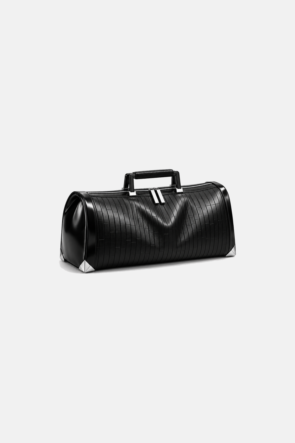 Black Pentagon barrel duffel, centered front three-quarter product view