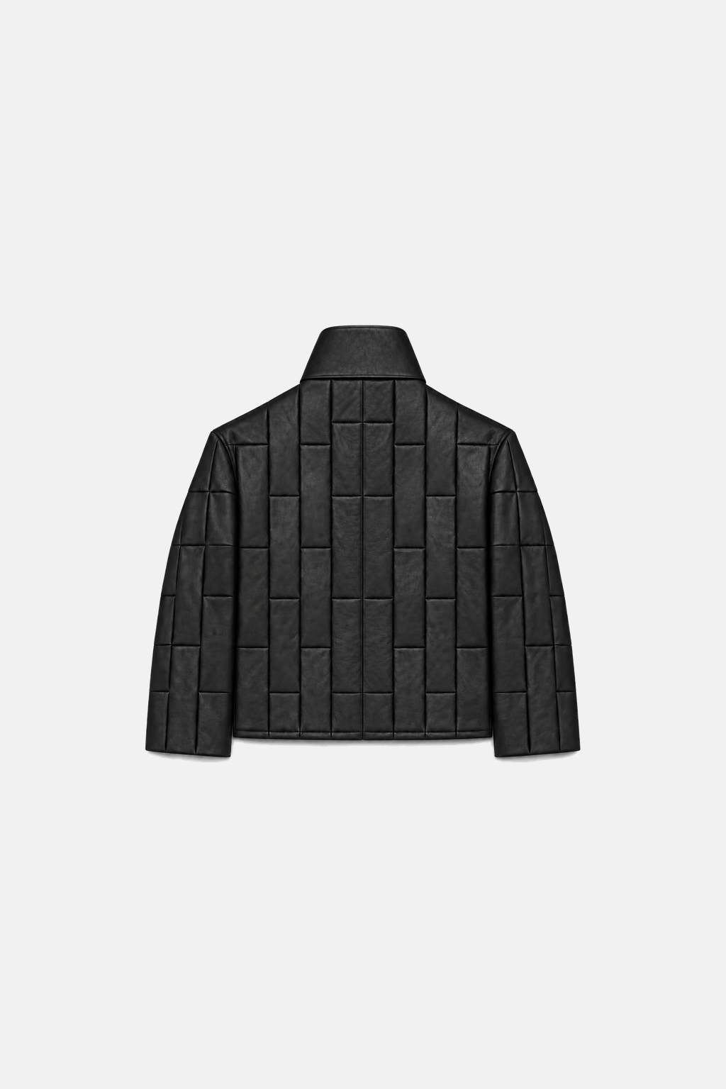 Tag-free black leather OCTAGON Pentagon jacket, centered back flat lay