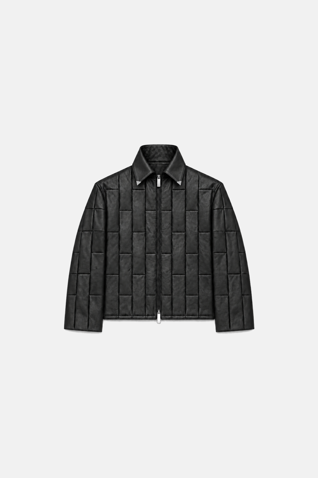 Tag-free black leather OCTAGON Pentagon jacket, centered front flat lay