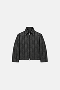 Tag-free black leather OCTAGON Pentagon jacket, centered front flat lay