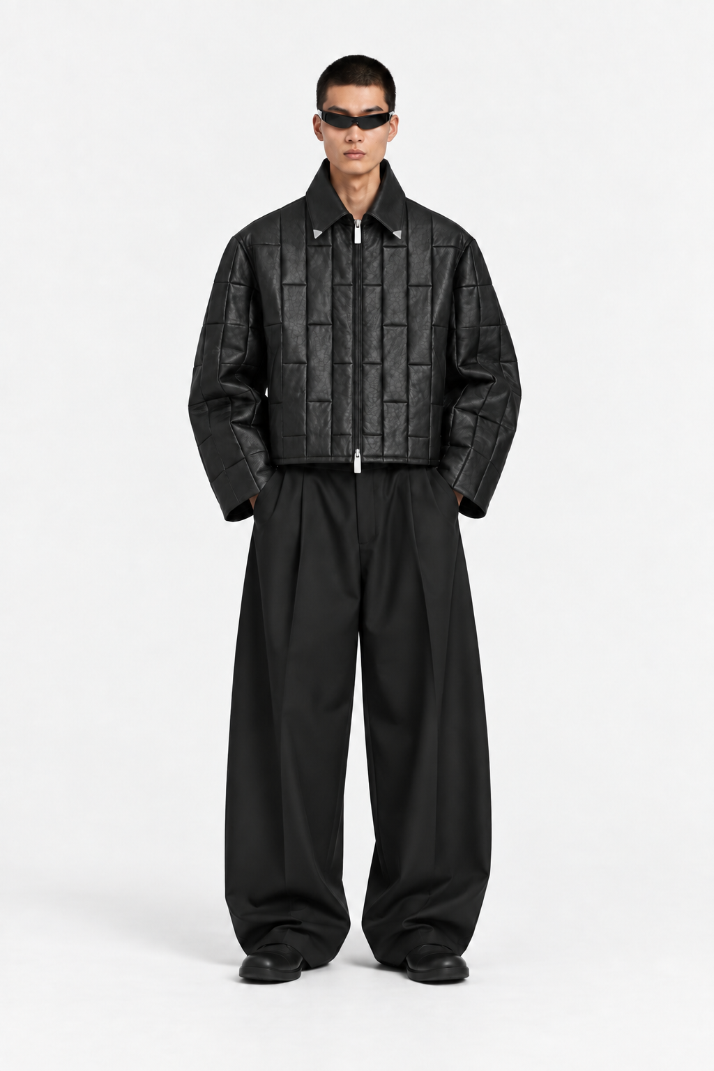 Black leather OCTAGON Pentagon Jacket worn in a front view
