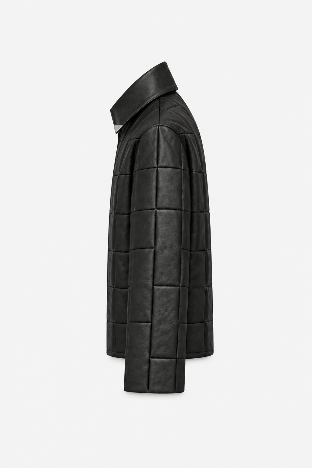 Tag-free black leather OCTAGON Pentagon Jacket left side profile